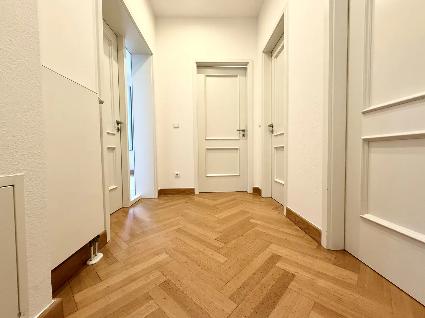 Hallway with herringbone wood floors, white walls, and three white doors.