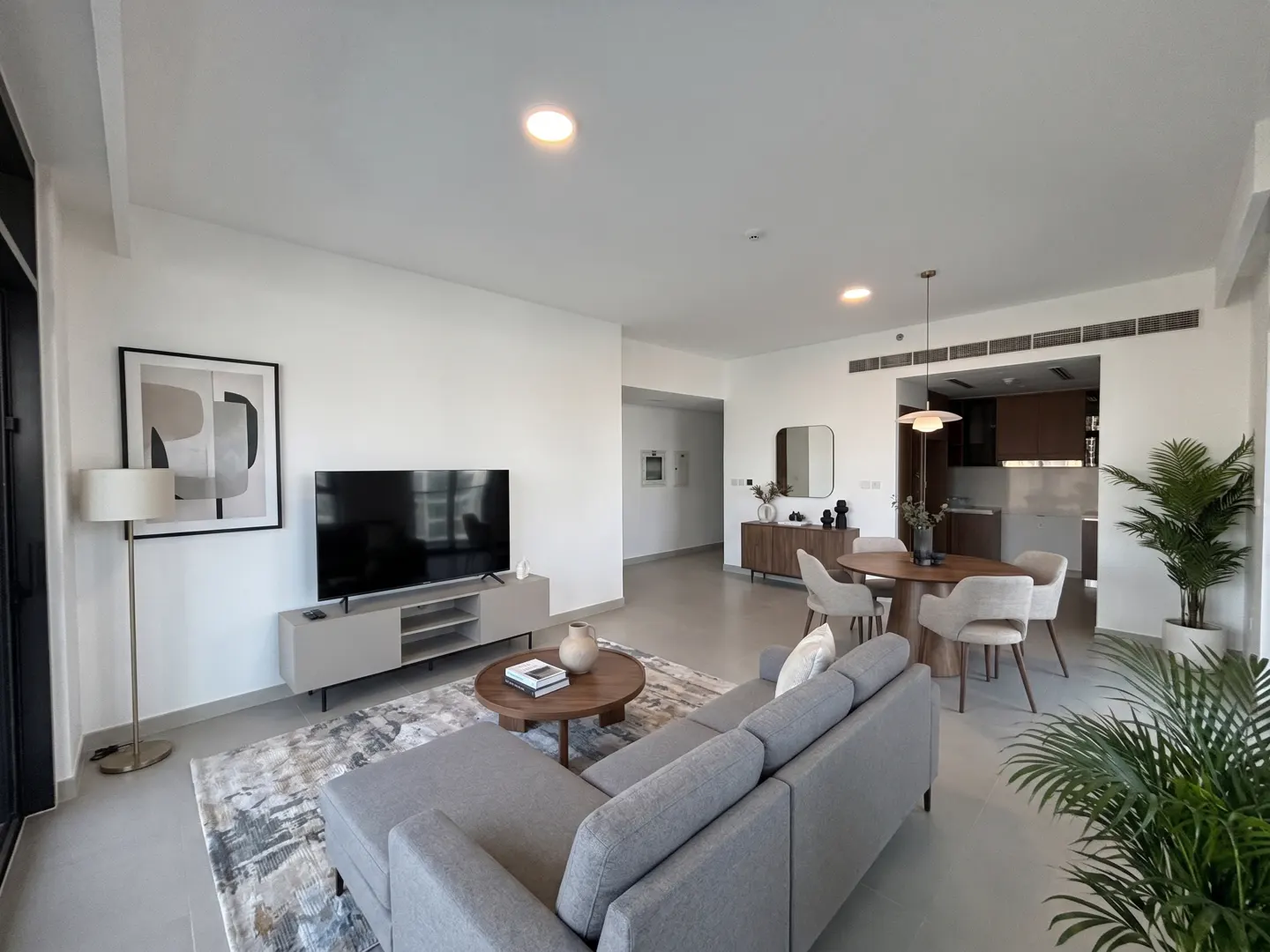 Bright, modern apartment interior with gray sofa, TV, round wood table, and dining area with wood table and chairs. White walls and potted plants.