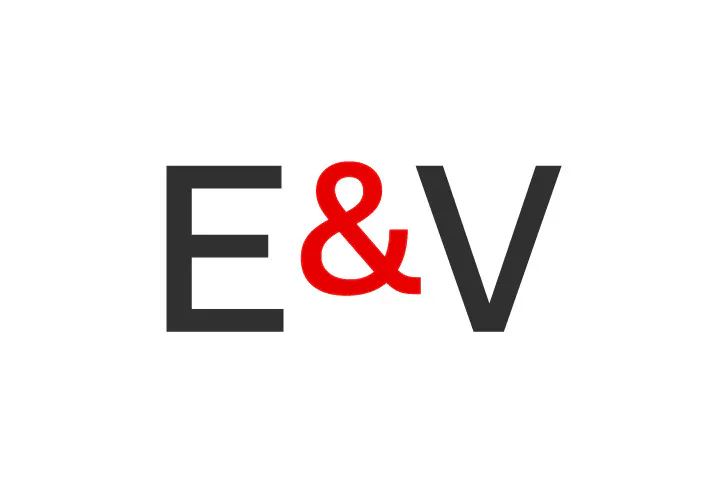 Logo with black "E" and "V" flanking a red ampersand on a white background.