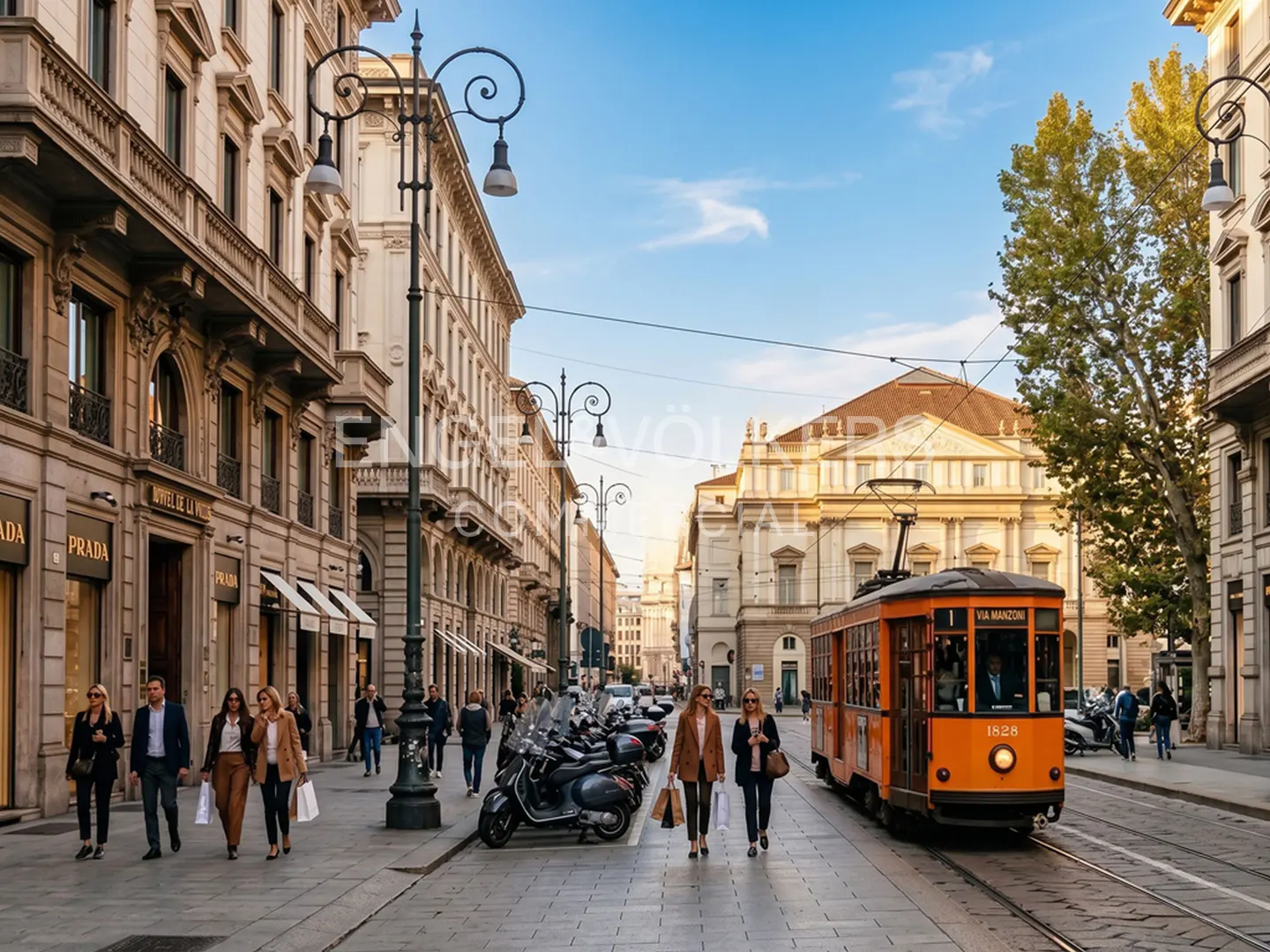 Street view in Milan, Italy with people walking, scooters parked, and an orange tram on the right. Prada store on the left.