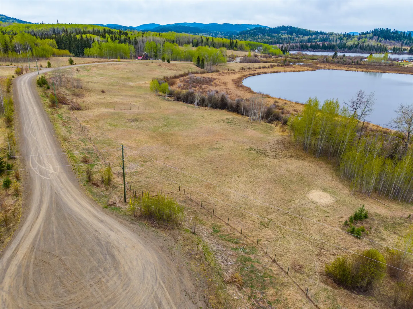 Aerial view of a rural property with a dirt road, field, lake, and trees under a cloudy sky.