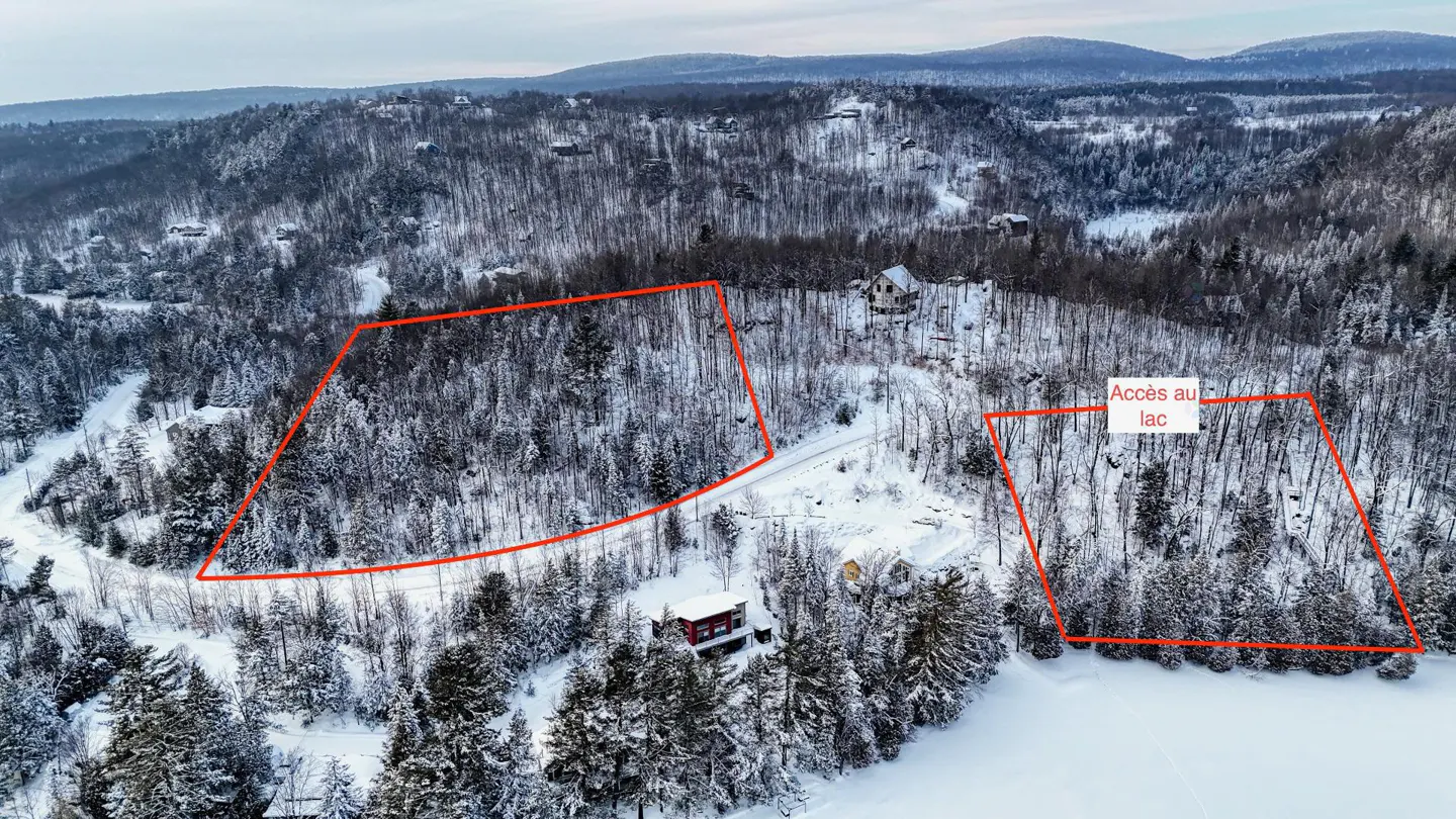 Aerial view of two snow-covered lots outlined in red, one with lake access, surrounded by trees and mountains.