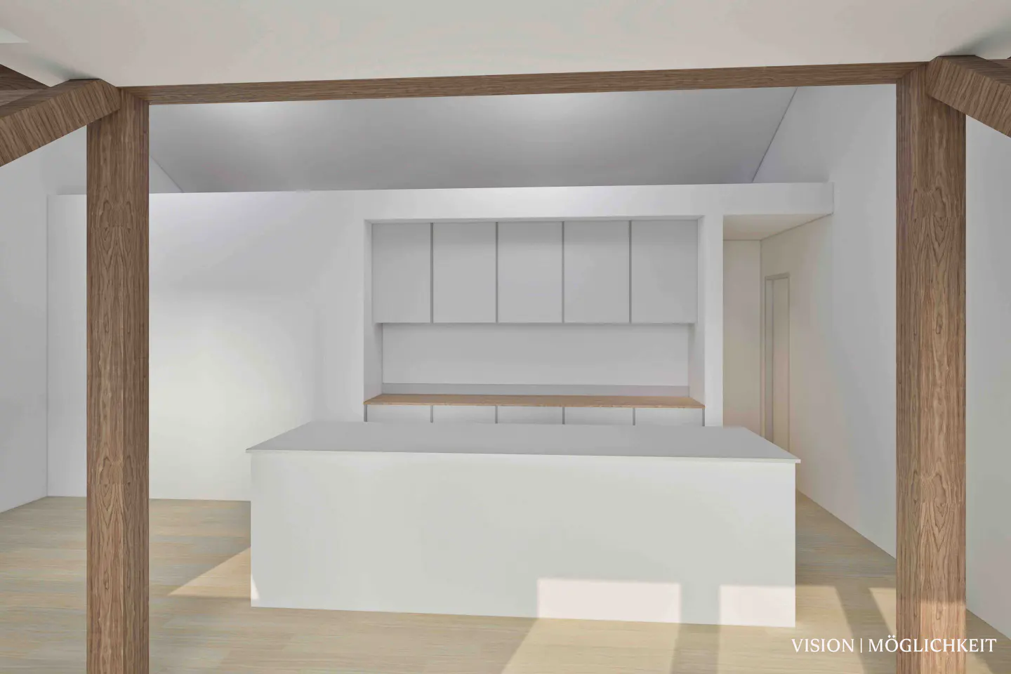 A bright kitchen with white cabinets, a white island, and light wood floors, framed by dark wood beams.