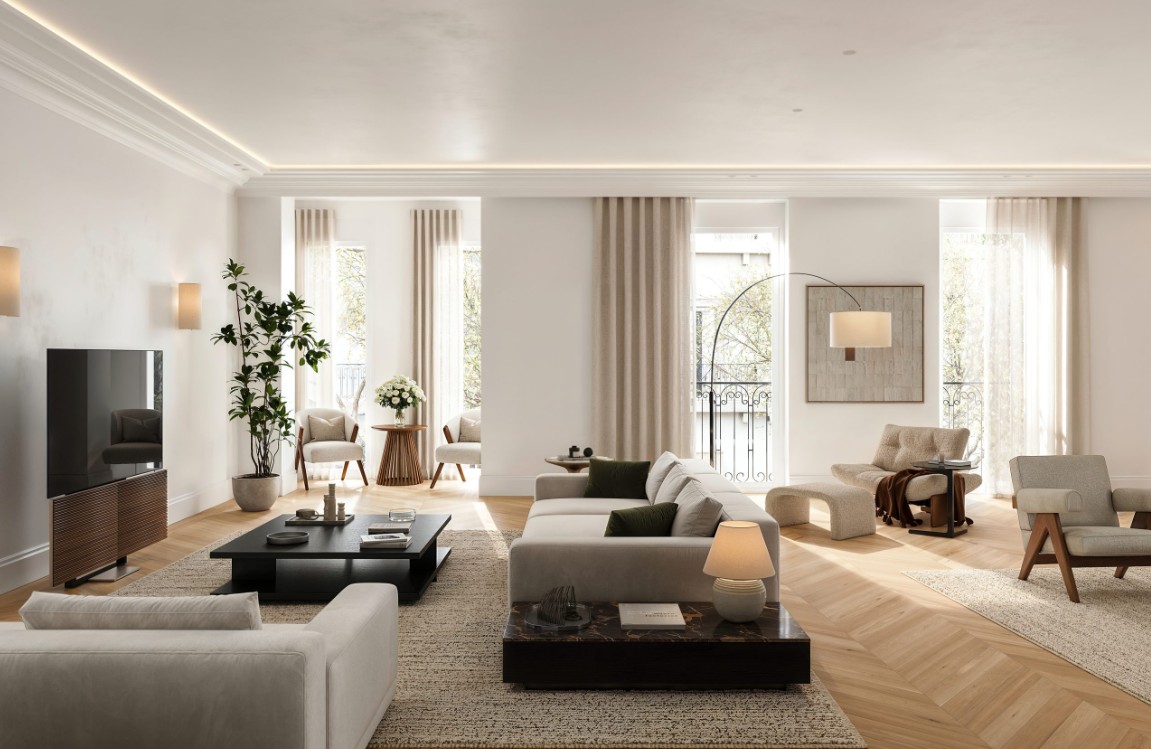 Bright, modern living room with a beige sofa, black coffee table, hardwood floors, and large windows with neutral curtains. [AI-generated text]