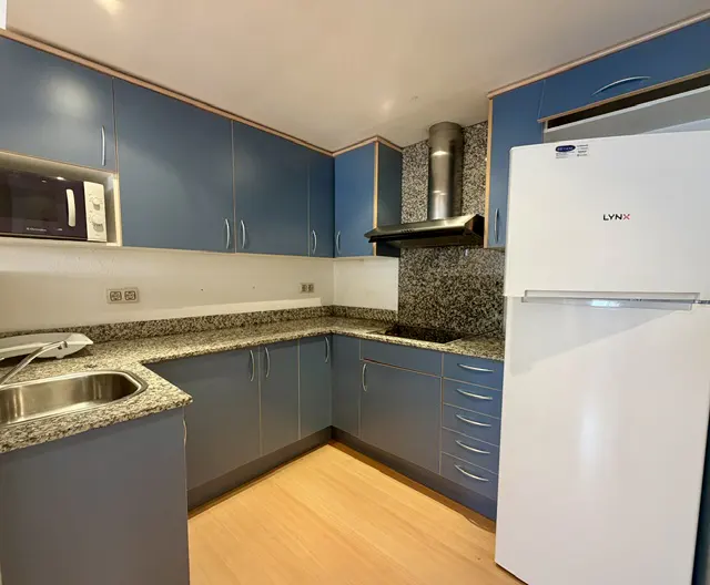 Kitchen with blue cabinets, granite countertops, stainless steel sink, microwave, range hood, and a white Lynx refrigerator.