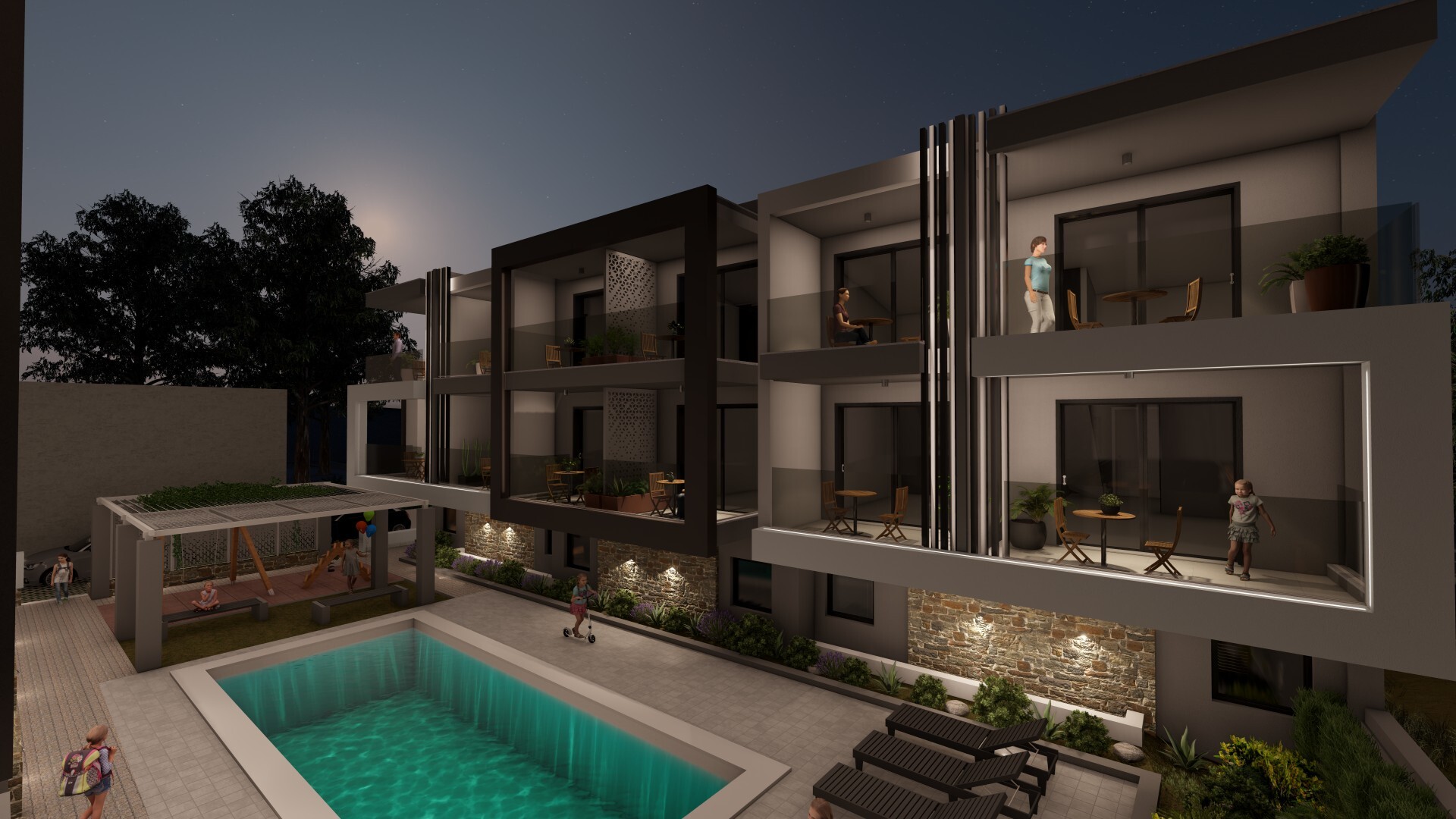 Modern apartment building at night with a glowing swimming pool, lounge chairs, and residents on balconies and the patio. [AI-generated text]