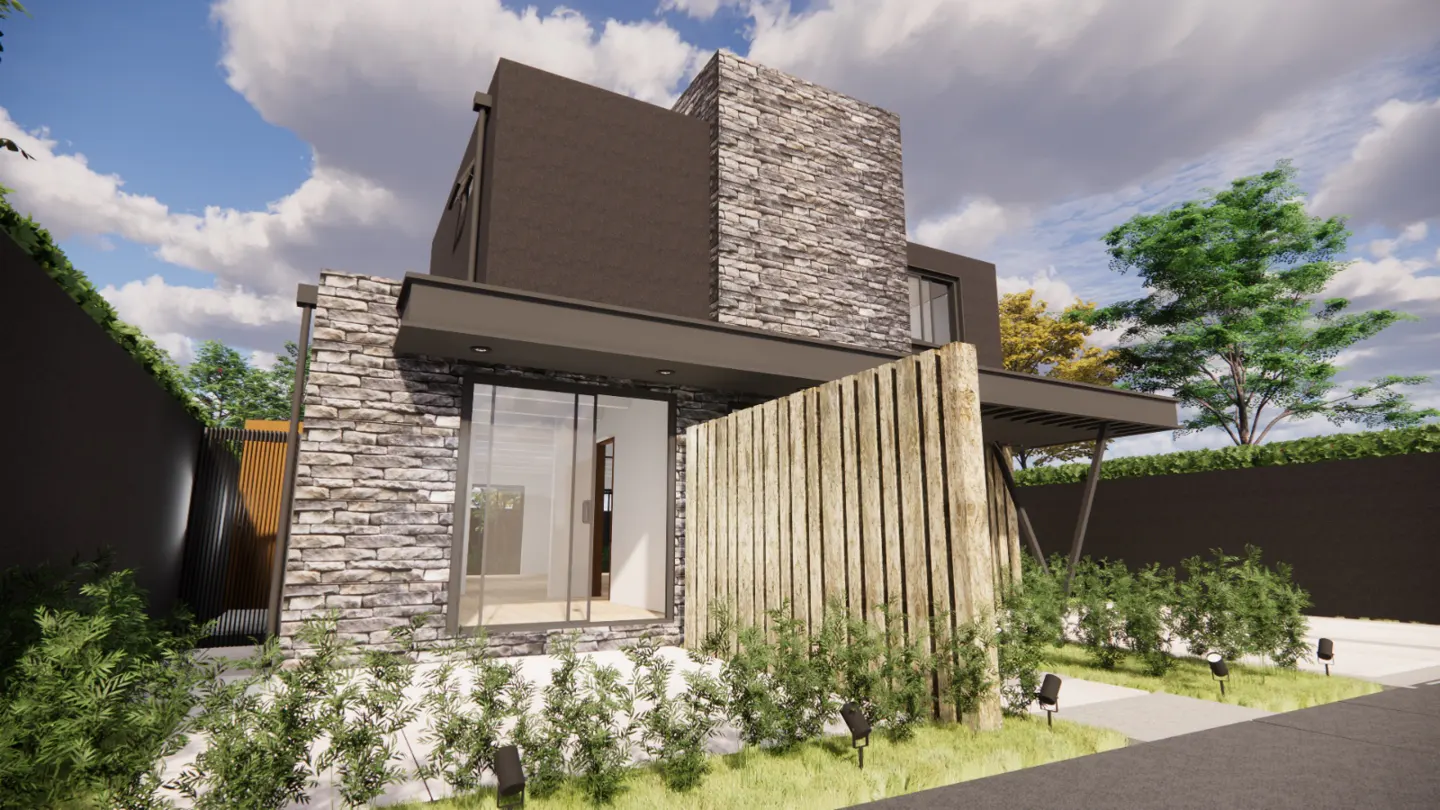 Modern two-story house with stone and dark gray siding, a wooden fence, and green landscaping.