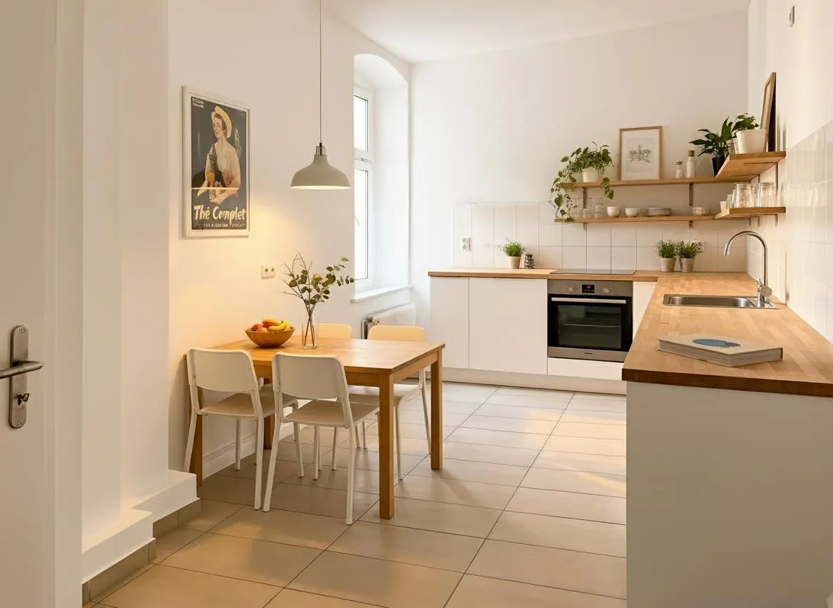 Bright, modern kitchen with white cabinets, wood countertops, and a dining table with white chairs. Shelves display plants and dishes.