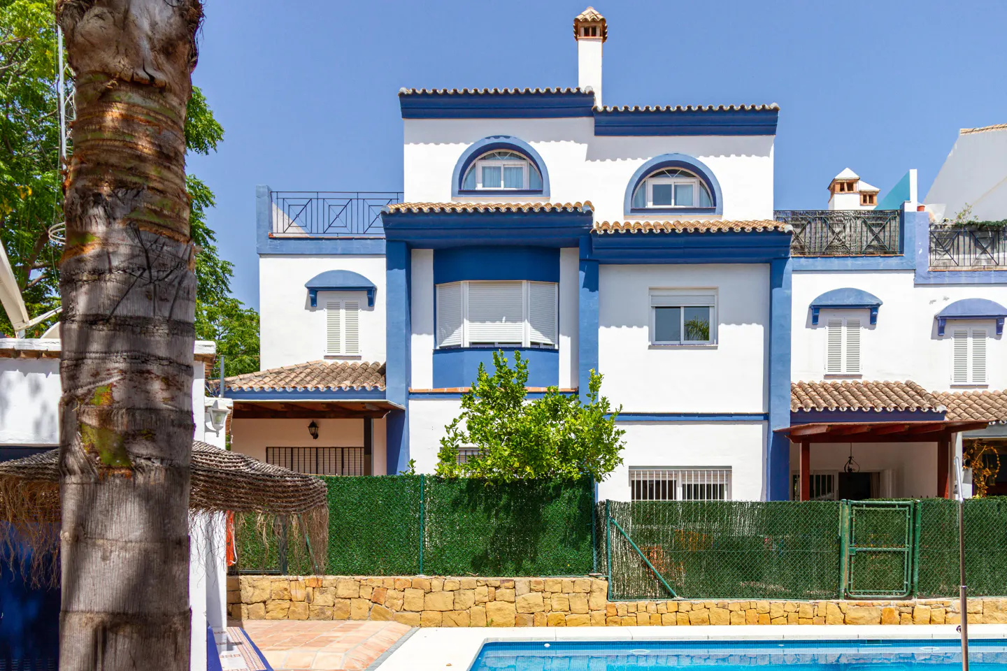 Exterior view of a white and blue two-story townhouse with a pool and palm tree.