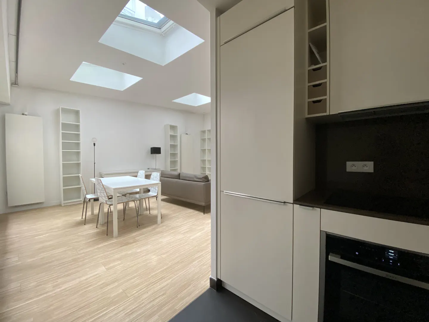 Bright, modern apartment with skylights. White kitchen cabinets frame a view of a dining table, bookshelves, and a gray sofa.