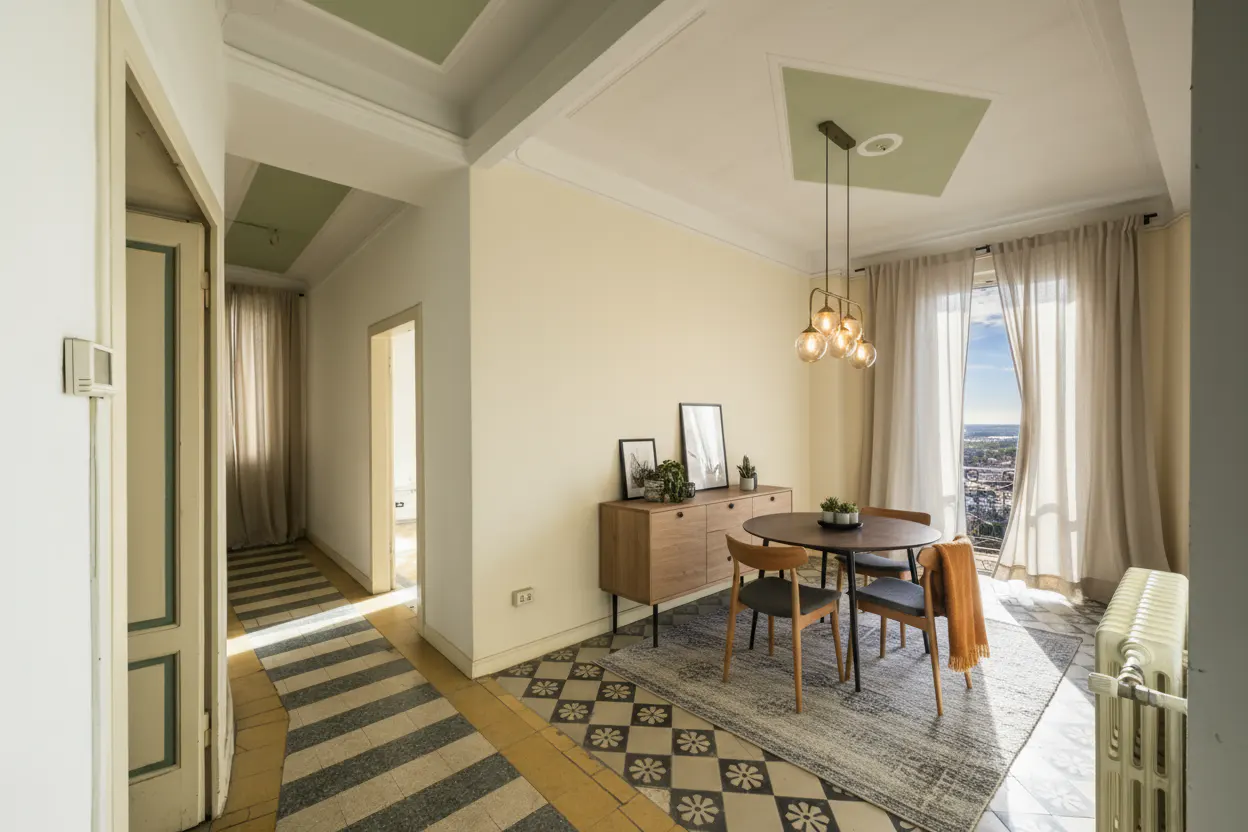A bright dining room with a round table, four chairs, and a wooden sideboard. Large windows offer a city view. The floor has a patterned tile design.