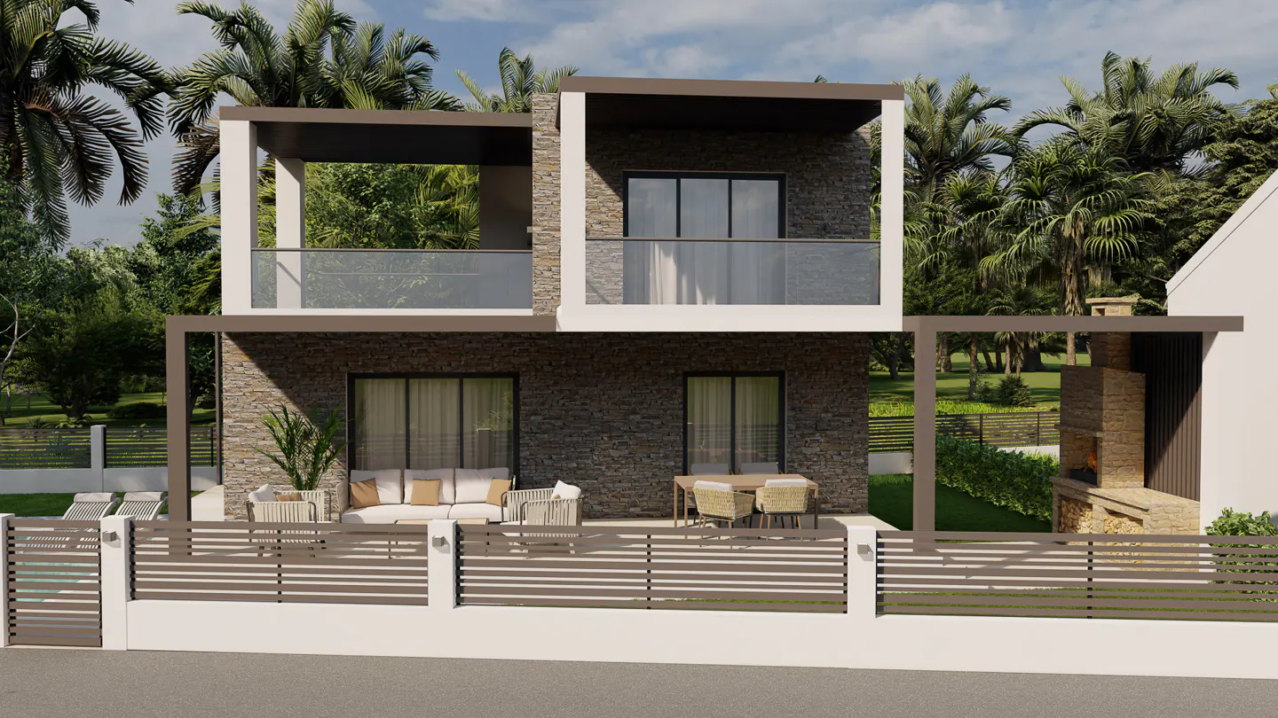 Two-story house with stone facade, white trim, and brown accents. Outdoor furniture on patio, grill, and horizontal fence. Palm trees in background.