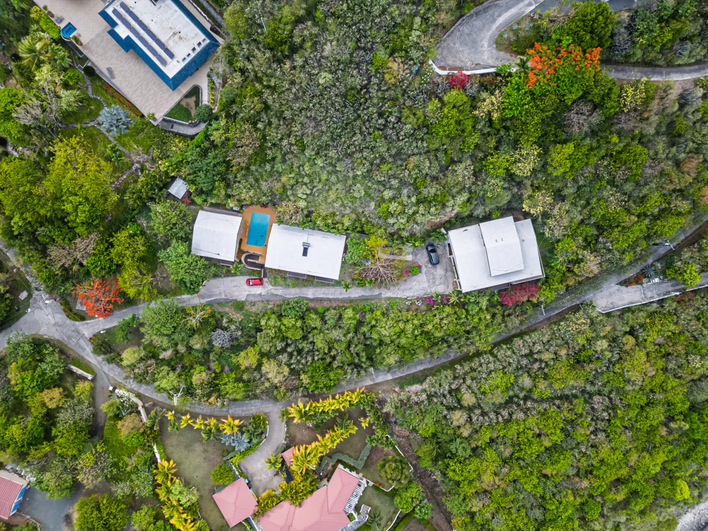 Aerial view of luxury homes nestled in lush green tropical foliage, with winding roads and a pool.