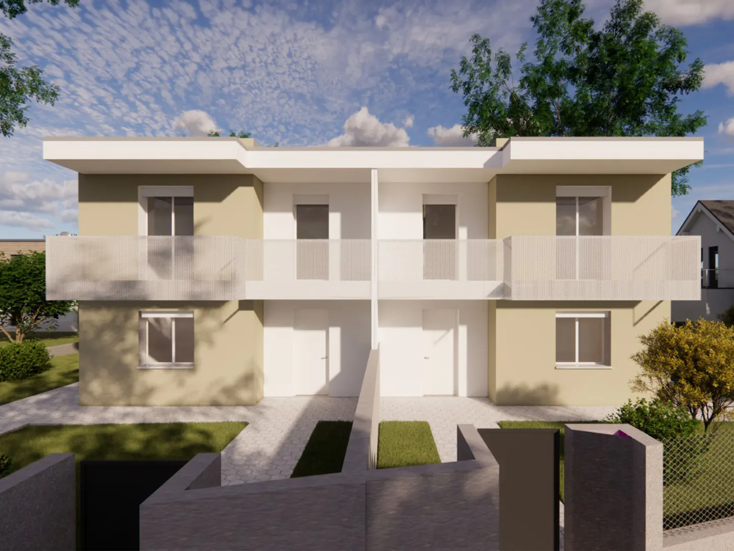 Two-story duplex with beige and white exterior, white balconies, and a gray stone walkway leading to the front doors.