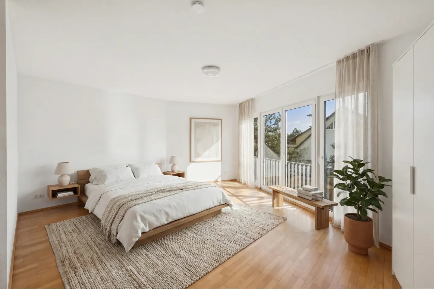Bright bedroom with a wooden bed, white linens, and a beige rug. A bench sits by the balcony doors with sheer curtains. A potted plant adds a touch of green.