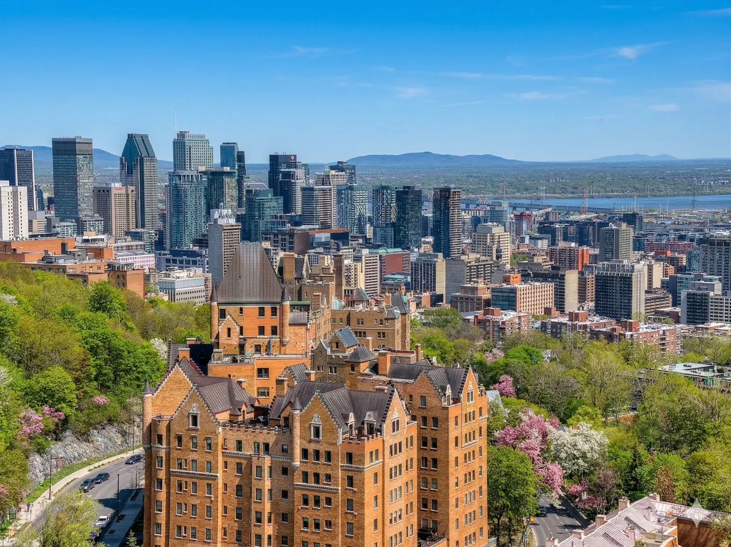 Montreal skyline view featuring brick buildings, green trees, and modern skyscrapers under a clear blue sky.