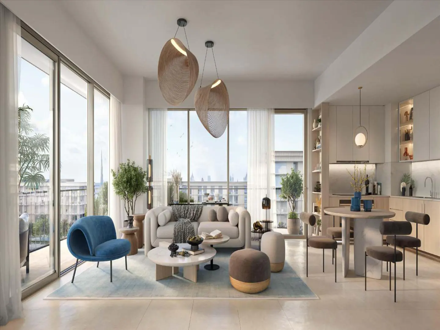 Bright, modern living room with a blue chair, white sofa, and round dining table. Large windows offer a city view. Woven pendant lights hang above.