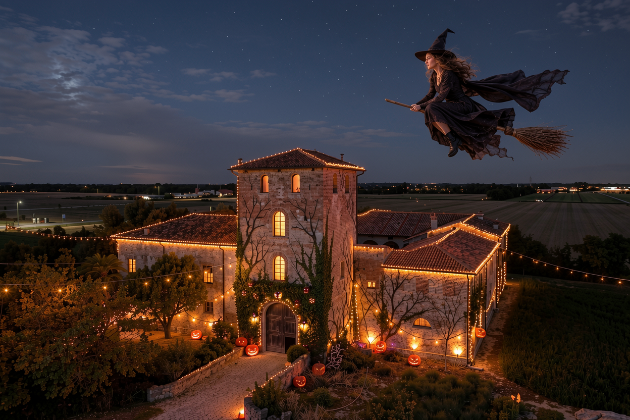 A witch flies on a broomstick over a stone villa decorated with string lights and glowing jack-o'-lanterns at twilight. [AI-generated text] [KI-modifiziert]
