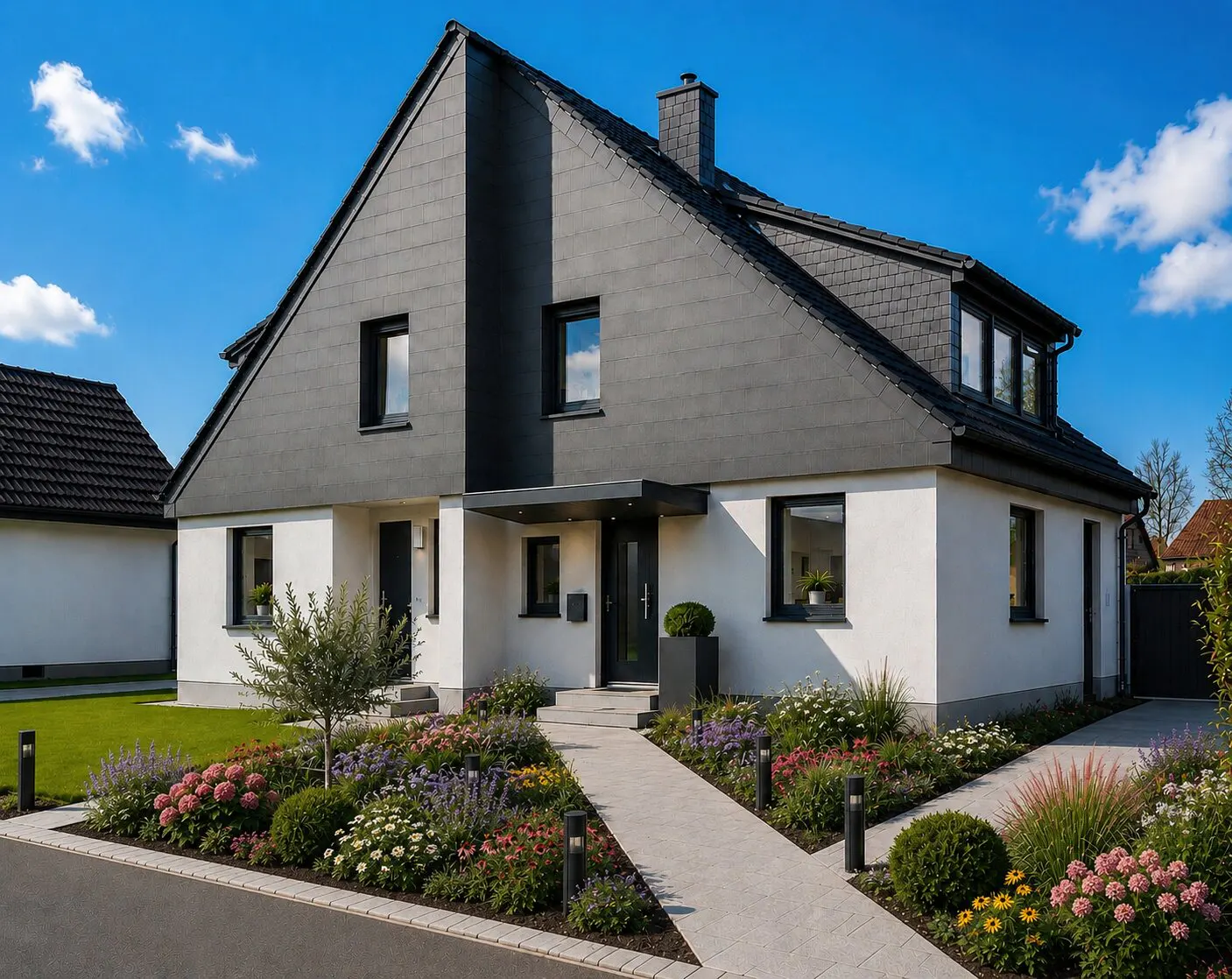 Two-story house with white walls, gray roof, black trim, and a stone walkway leading to the front door, surrounded by colorful flower beds.