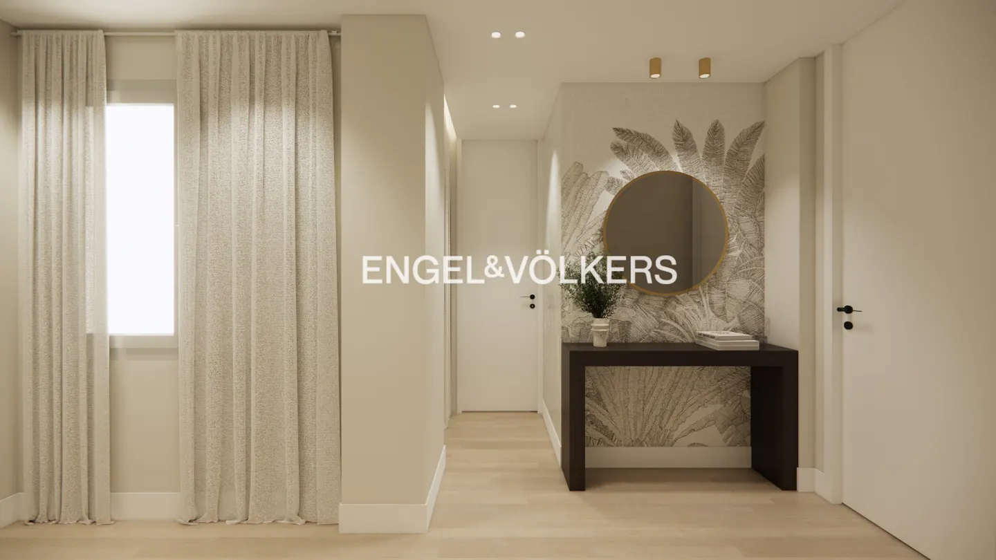 Modern hallway with light wood floors, beige curtains, a dark console table, a round mirror, and tropical leaf wallpaper.