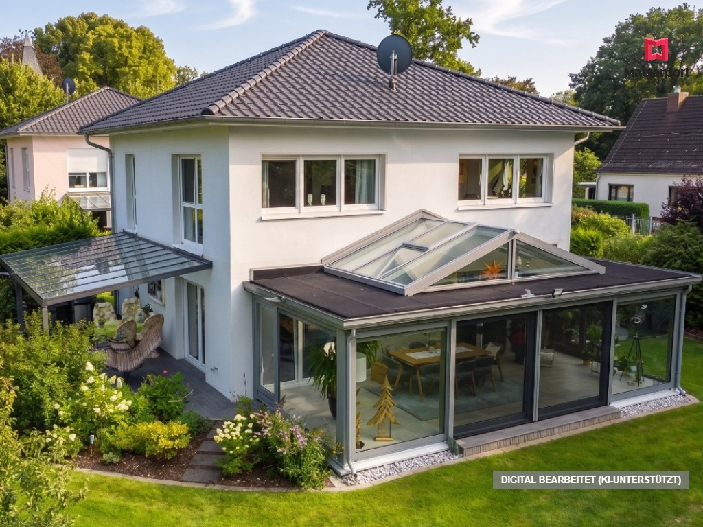 White two-story house with a dark tiled roof, glass conservatory, and patio in a lush green garden. [AI-generated text]