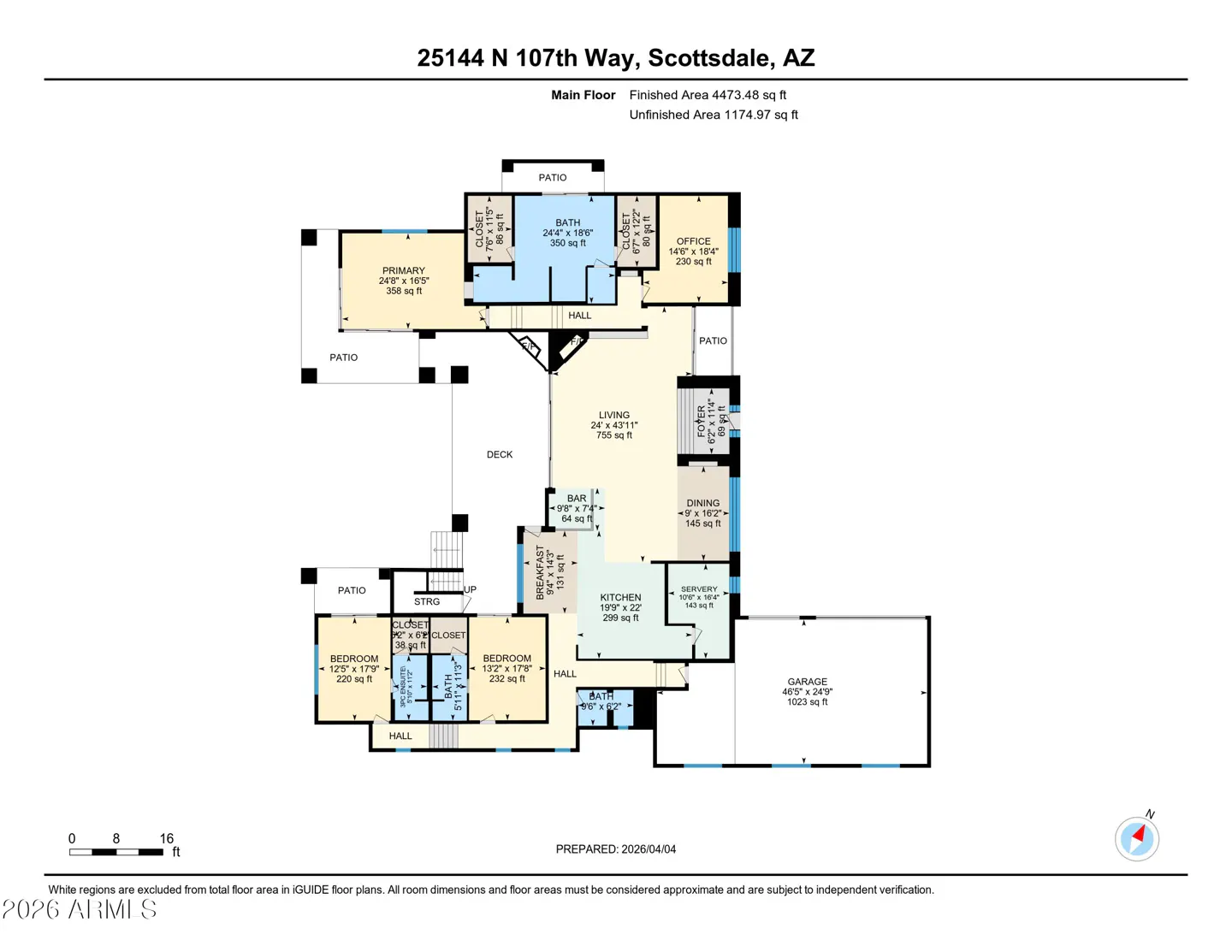 Floor plan of a Scottsdale, AZ home with labeled rooms, dimensions, and square footage. The layout includes a primary suite, bedrooms, and garage.