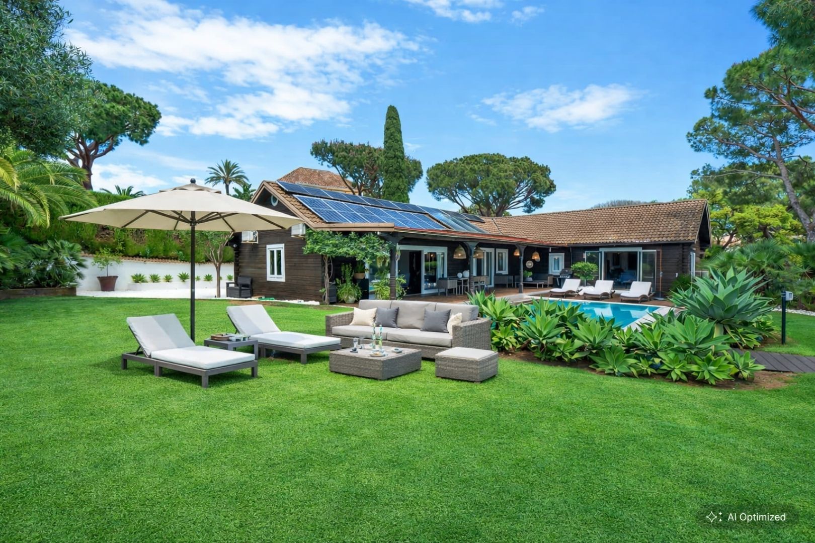 Villa privada de madera con energía solar en Elviria: jardín plano, piscina y despacho