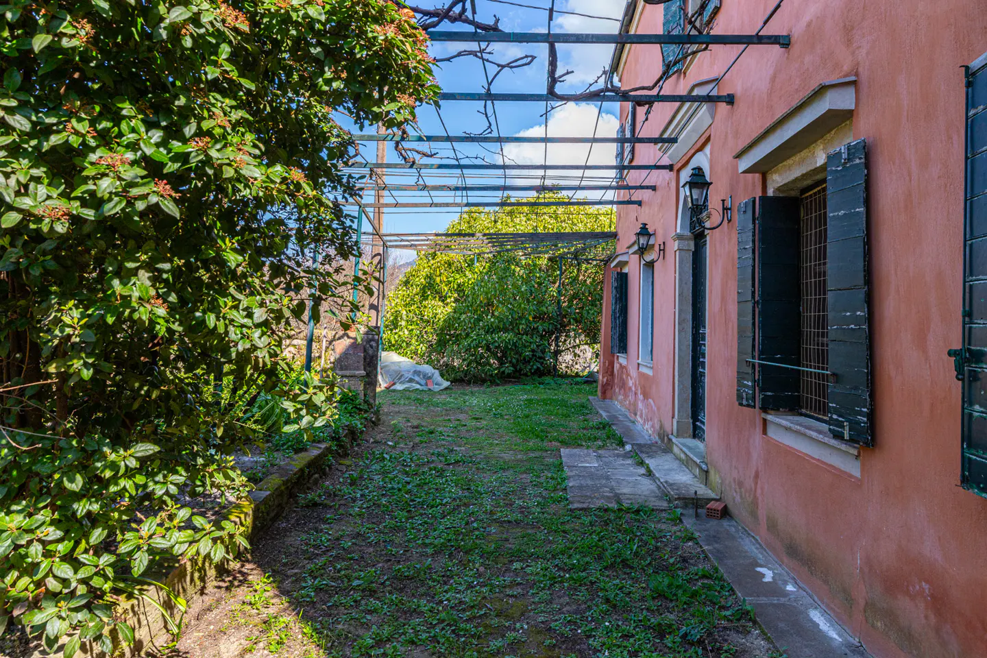 A pink building with dark shutters overlooks a green lawn with a metal trellis above.