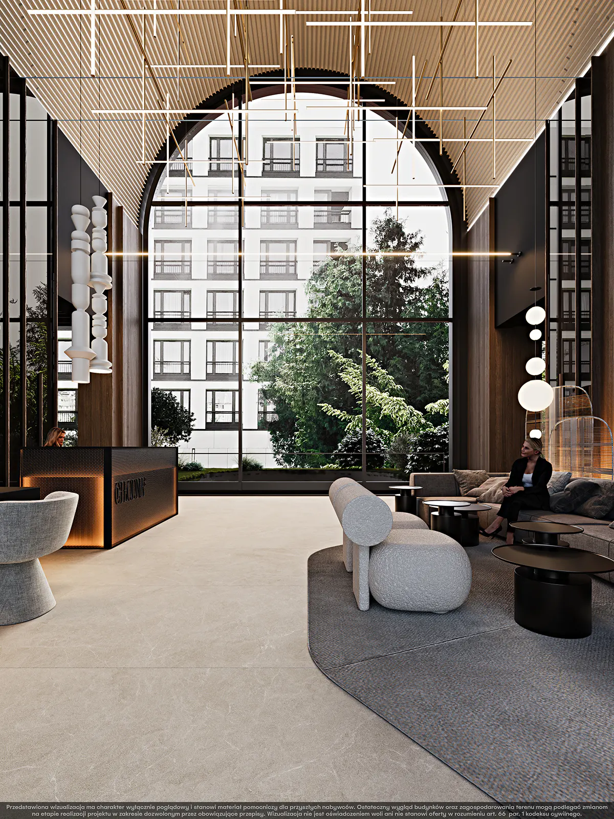 Modern lobby with a reception desk, lounge seating, and a large arched window overlooking trees and a building.
