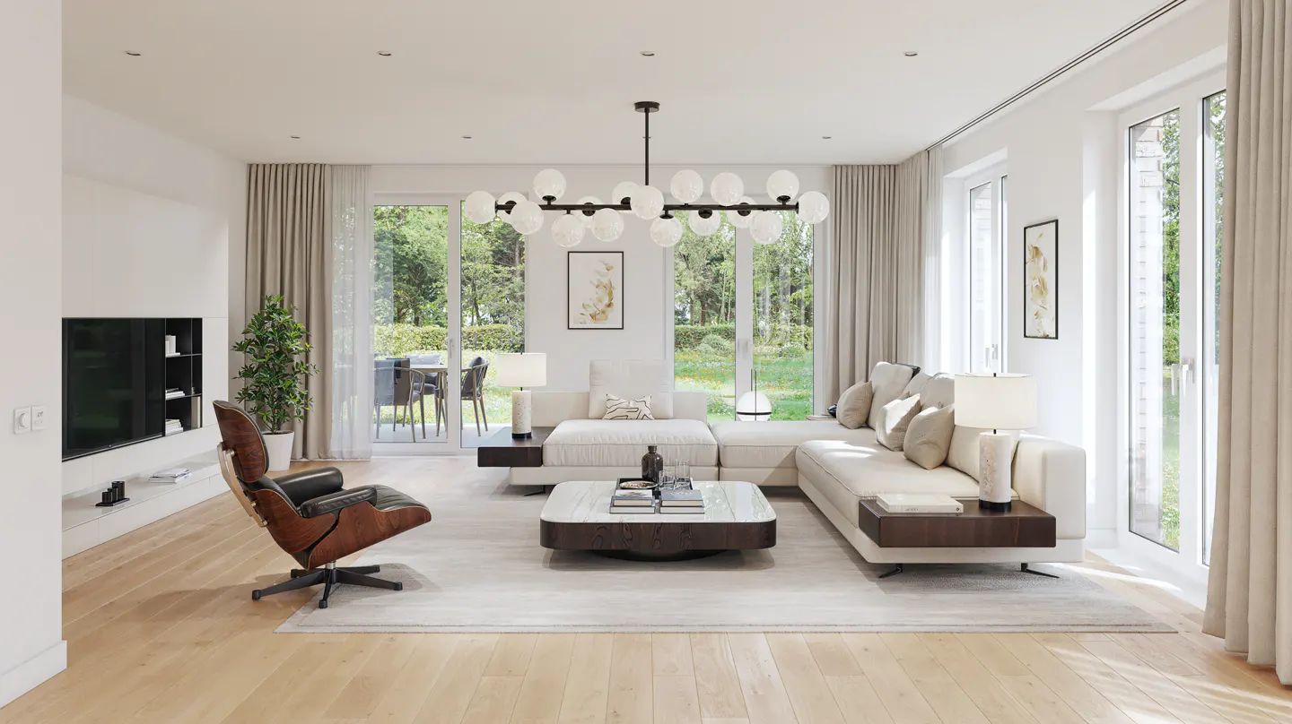 Bright living room with white sectional sofa, wood floors, and a modern chandelier. Large windows overlook a green yard.