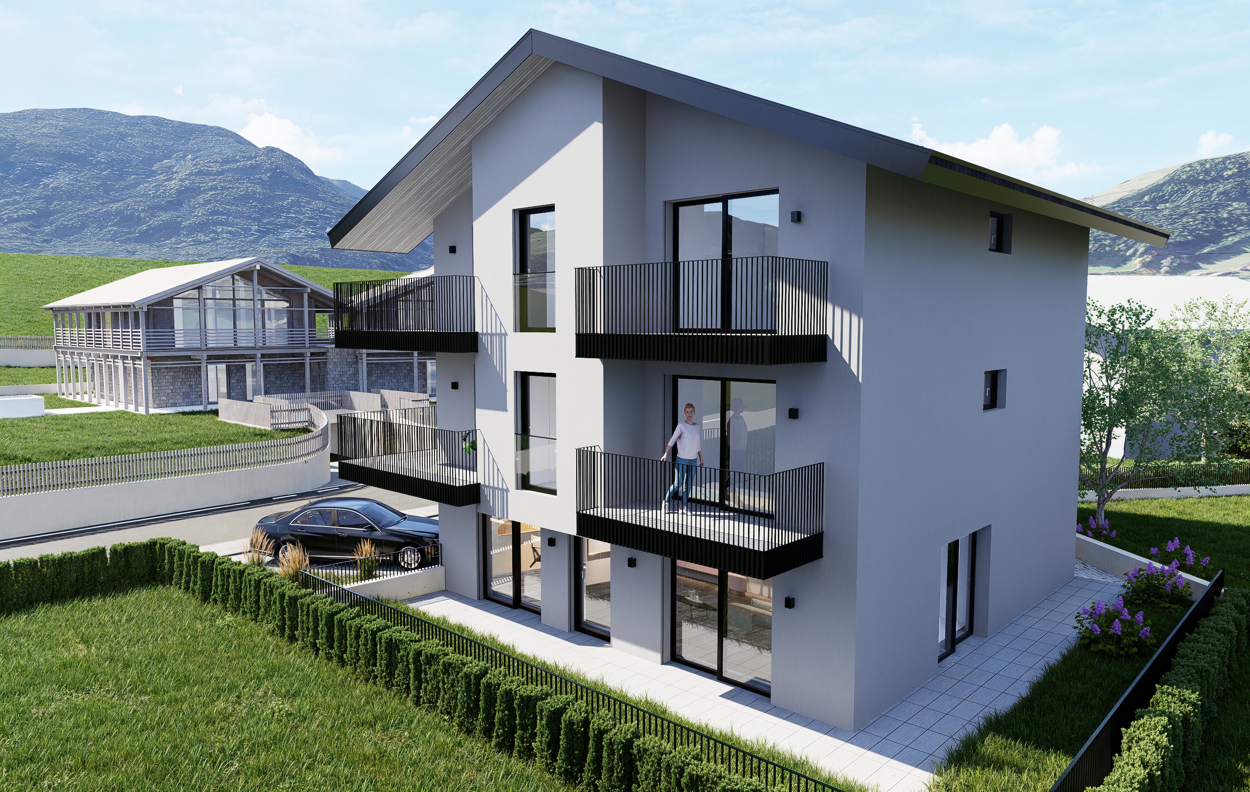 Modern three-story gray house with black balconies, a person on the second-floor balcony, and a car parked in the driveway. [AI-generated text]