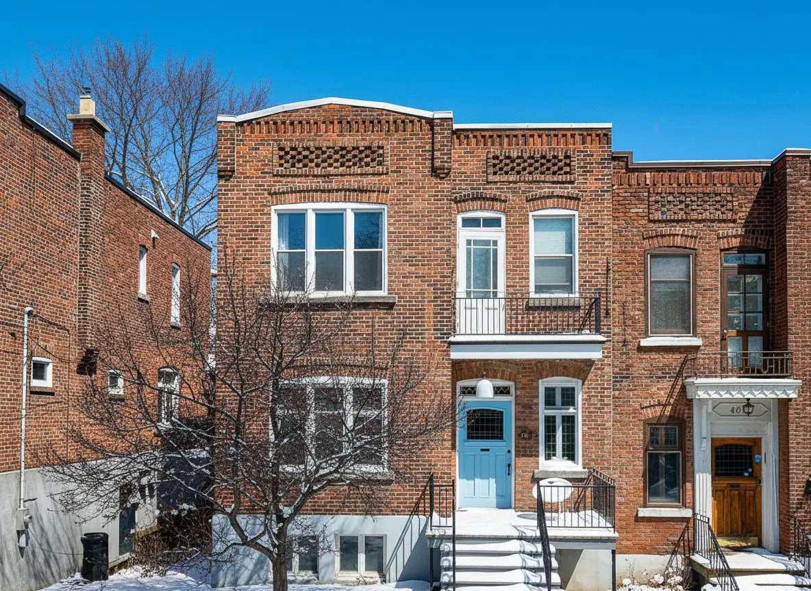 A three-story brick row house with a light blue door and snow-covered steps on a sunny day.