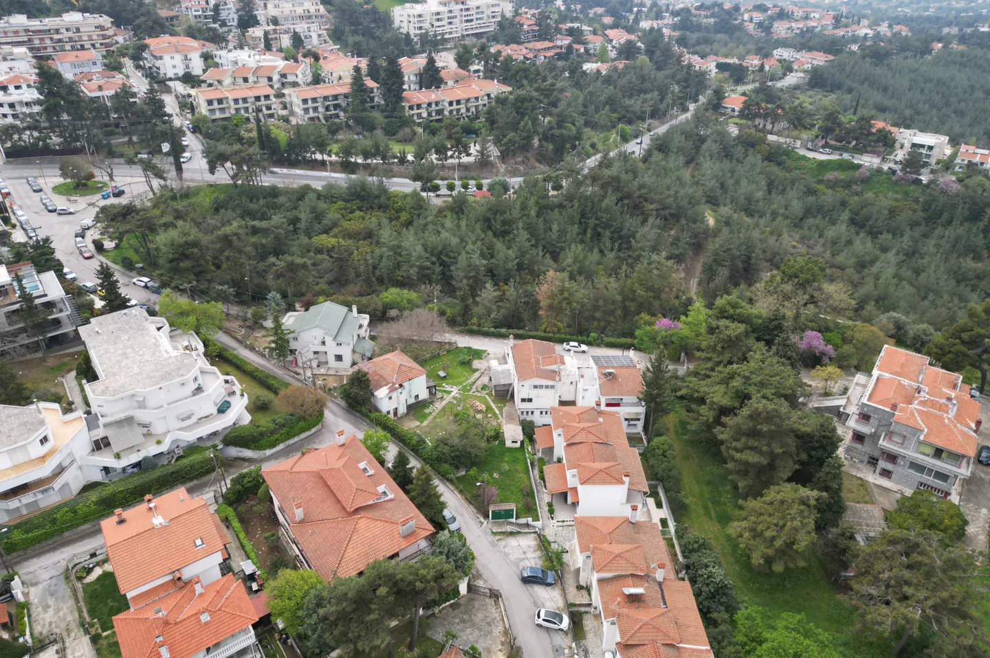 Aerial view of a residential area with houses with red tile roofs and green trees.