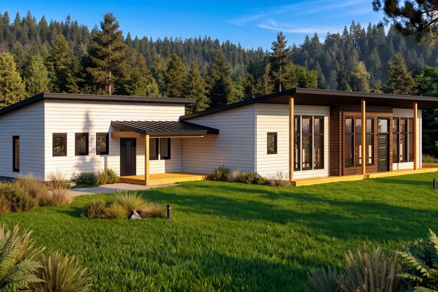 Modern white house with black trim and wood accents, surrounded by green lawn and trees under a blue sky.
