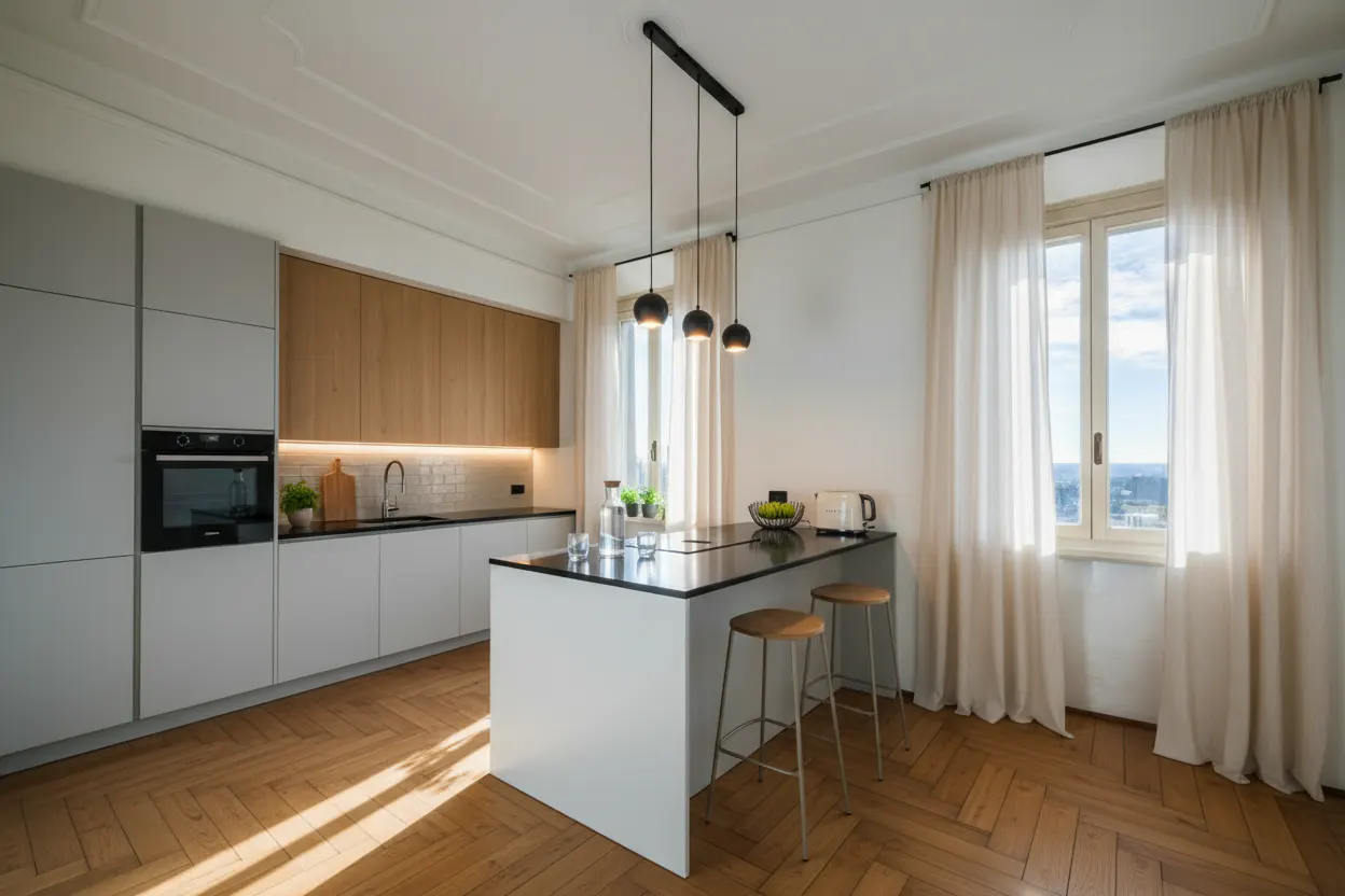 Bright kitchen with white cabinets, wood accents, and a black countertop island with two stools. Sunlight streams across the herringbone wood floor.