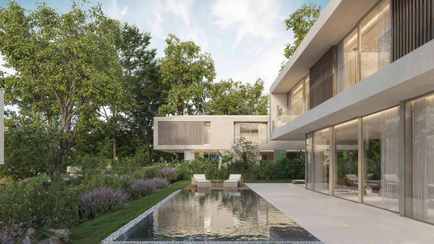 Modern two-story house with a pool and patio. The house is white with large glass windows and a flat roof. Trees surround the house.