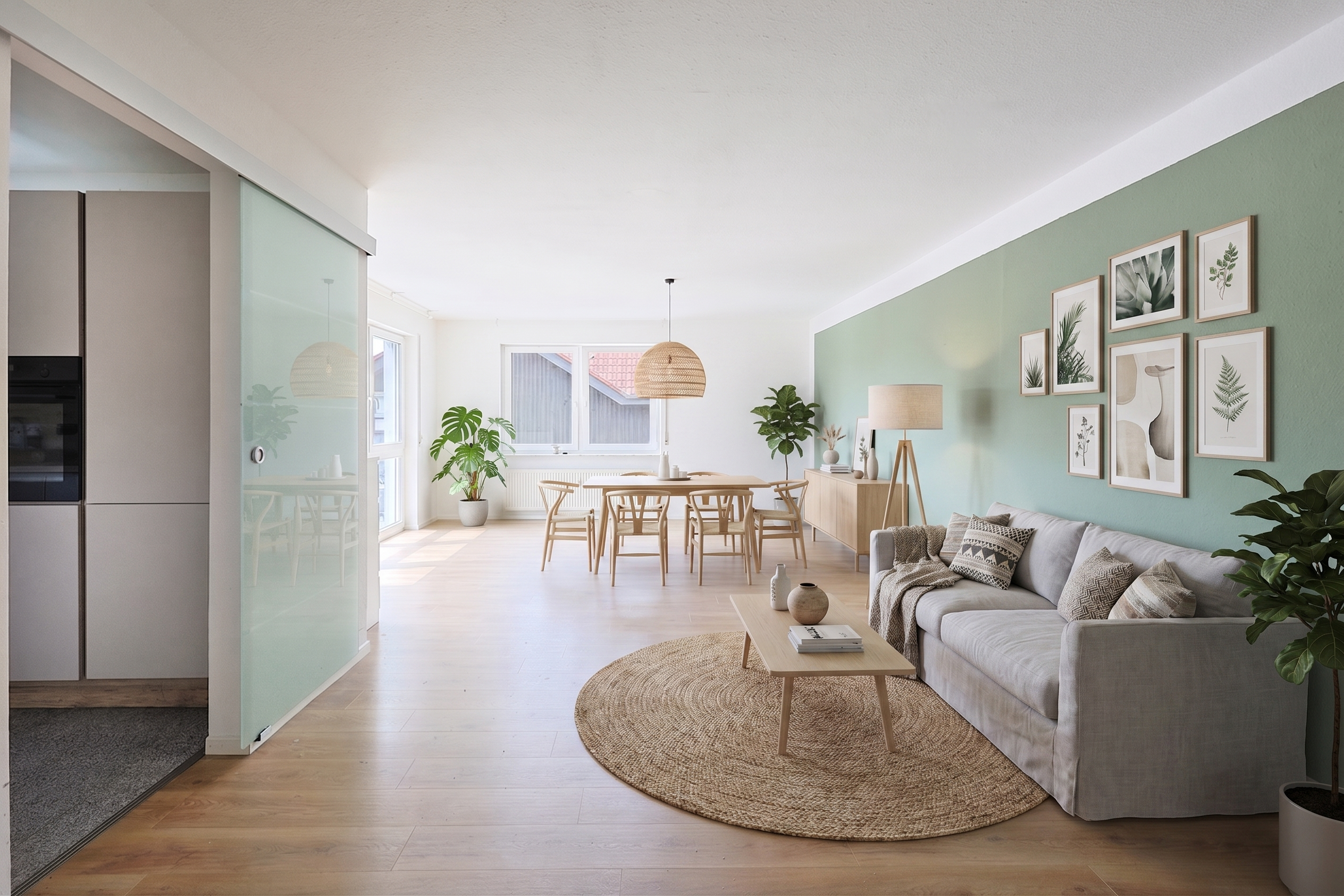 Bright open-plan living room with a sage green accent wall, grey sofa, round jute rug, and wooden dining set. [AI-generated text] [AI-modified]