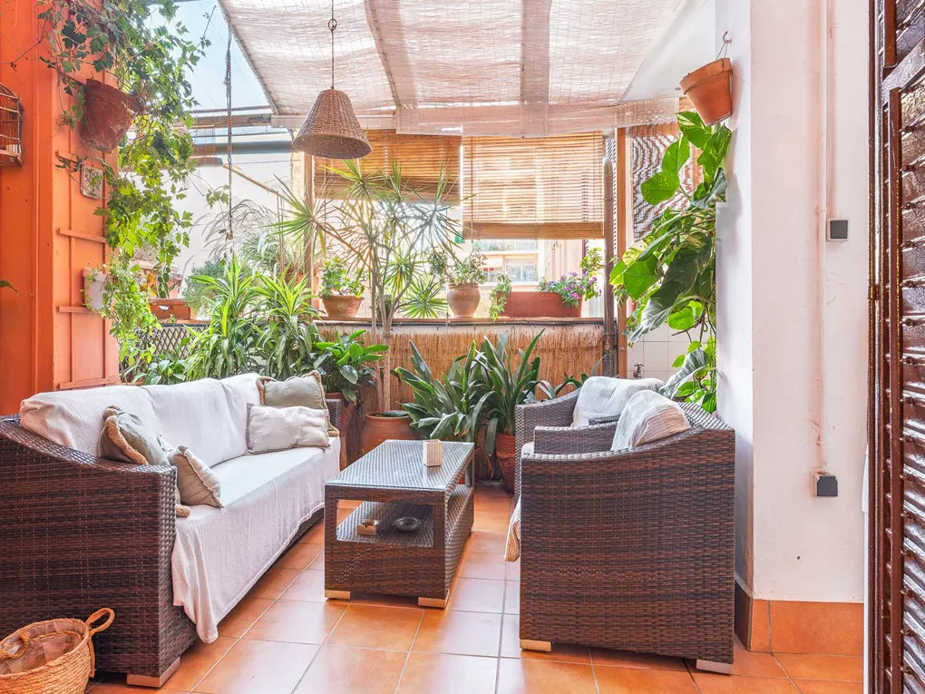 A sunroom with a white sofa, wicker chairs, and a coffee table on a terracotta tile floor. Plants are everywhere, and a woven shade covers the ceiling.