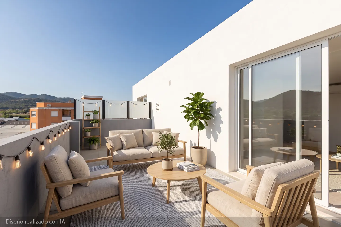 Outdoor patio with beige furniture, string lights, and potted plants. A white building and blue sky are in the background.
