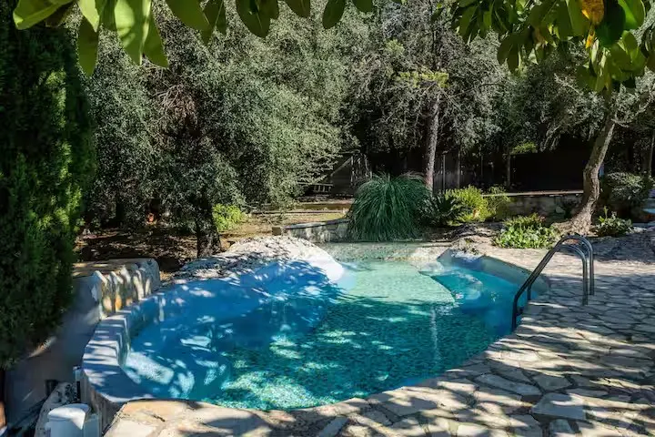 A kidney-shaped pool with clear blue water is surrounded by stone and lush greenery. A ladder provides access to the pool.