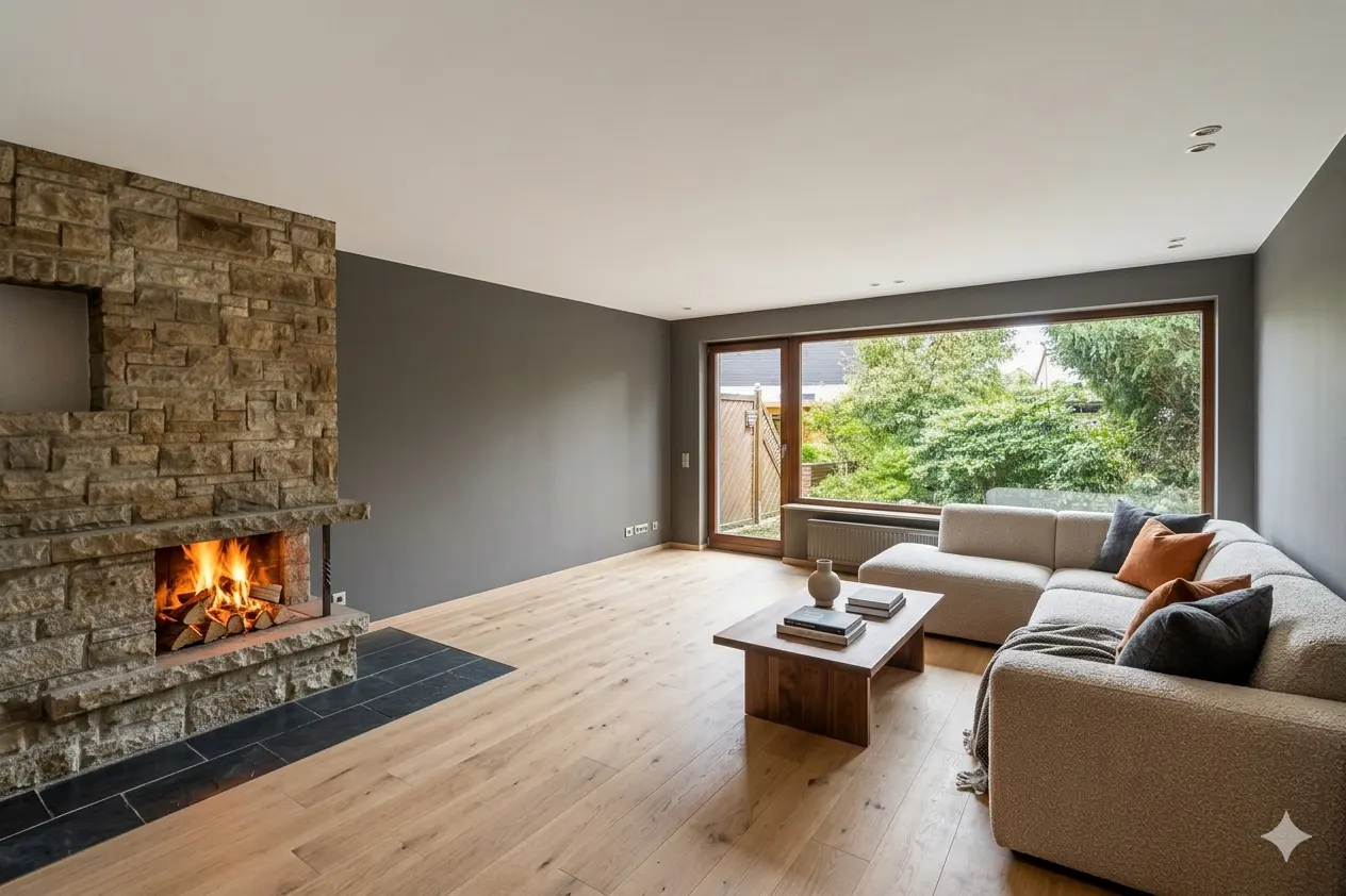 Living room with stone fireplace, hardwood floors, and a large window overlooking a green yard. A beige sectional sofa faces the fireplace.