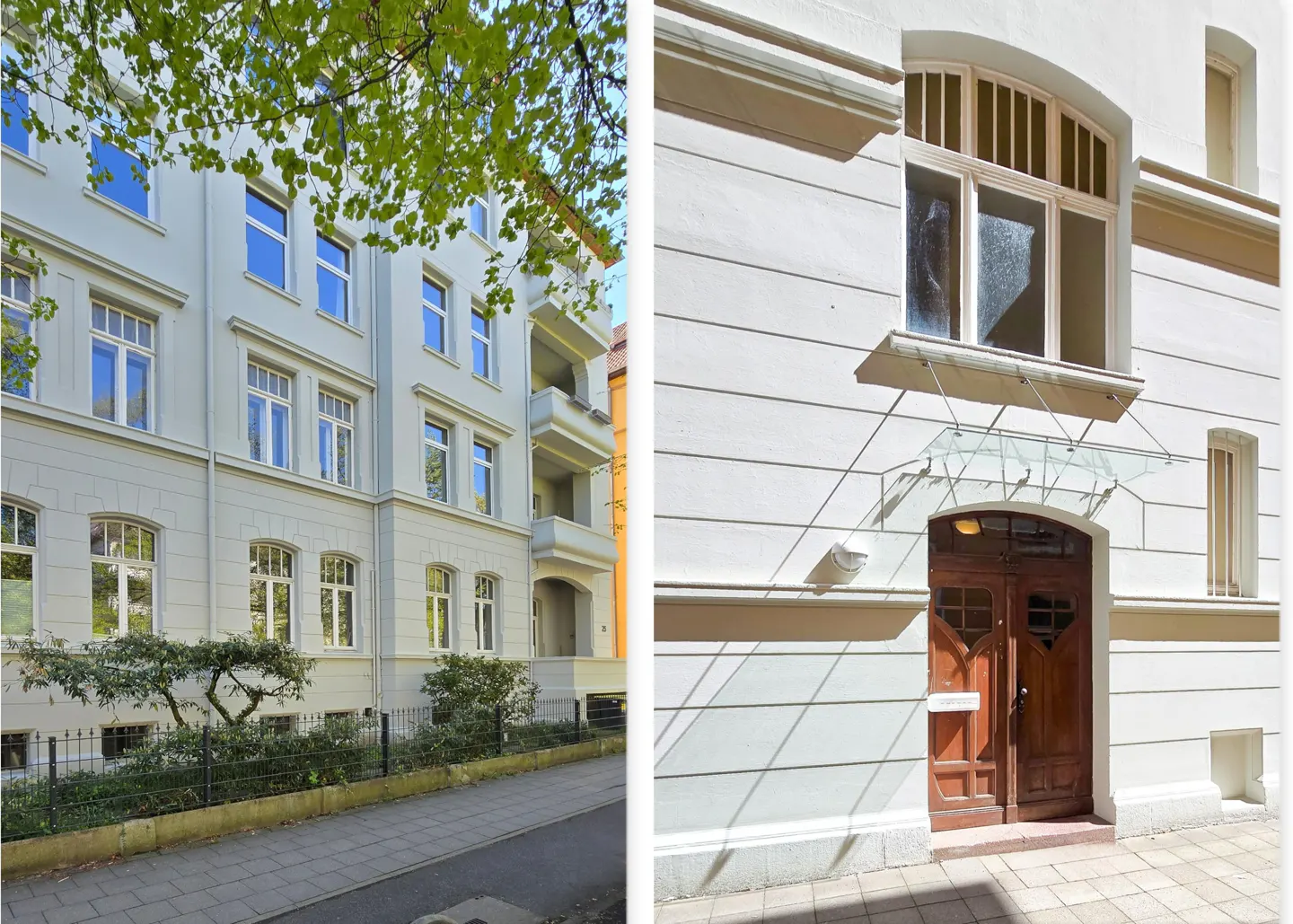 Two-panel image: left shows a light blue apartment building with white trim, right shows a brown door with a glass awning.