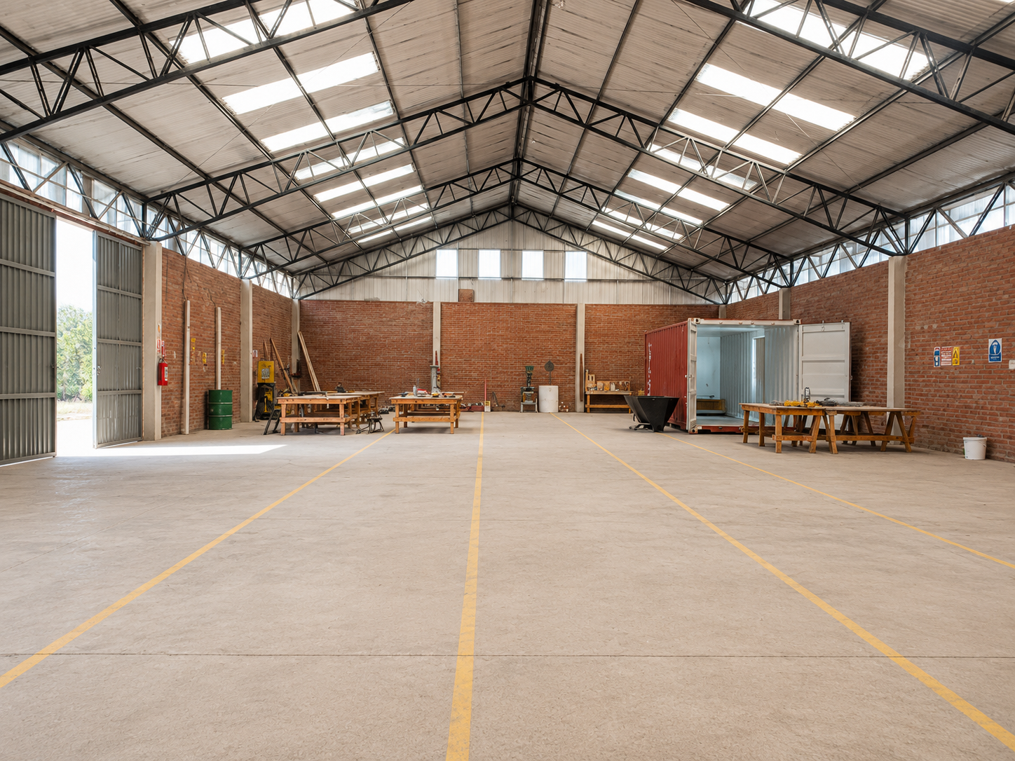 Spacious industrial warehouse with brick walls, concrete floor with yellow lines, skylights, and wooden workbenches.