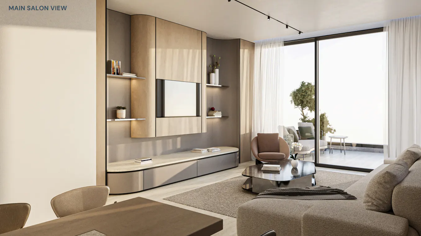 Modern living room with a gray sofa, coffee table, and TV. Large windows offer a view of a balcony with seating. Neutral color palette.