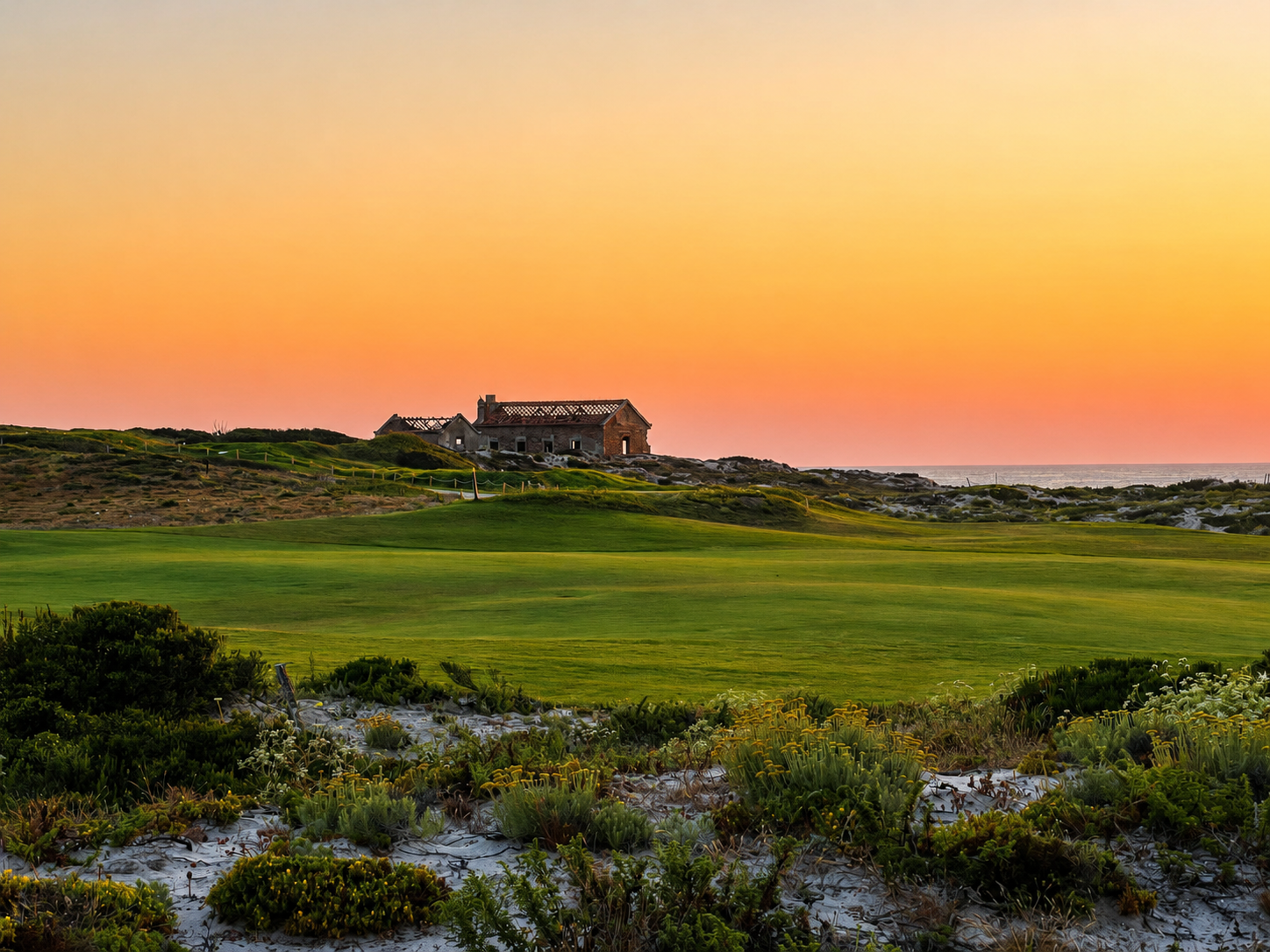 An old stone building with a roofless structure sits on a grassy hill overlooking the ocean at a vibrant orange sunset. [AI-generated text]