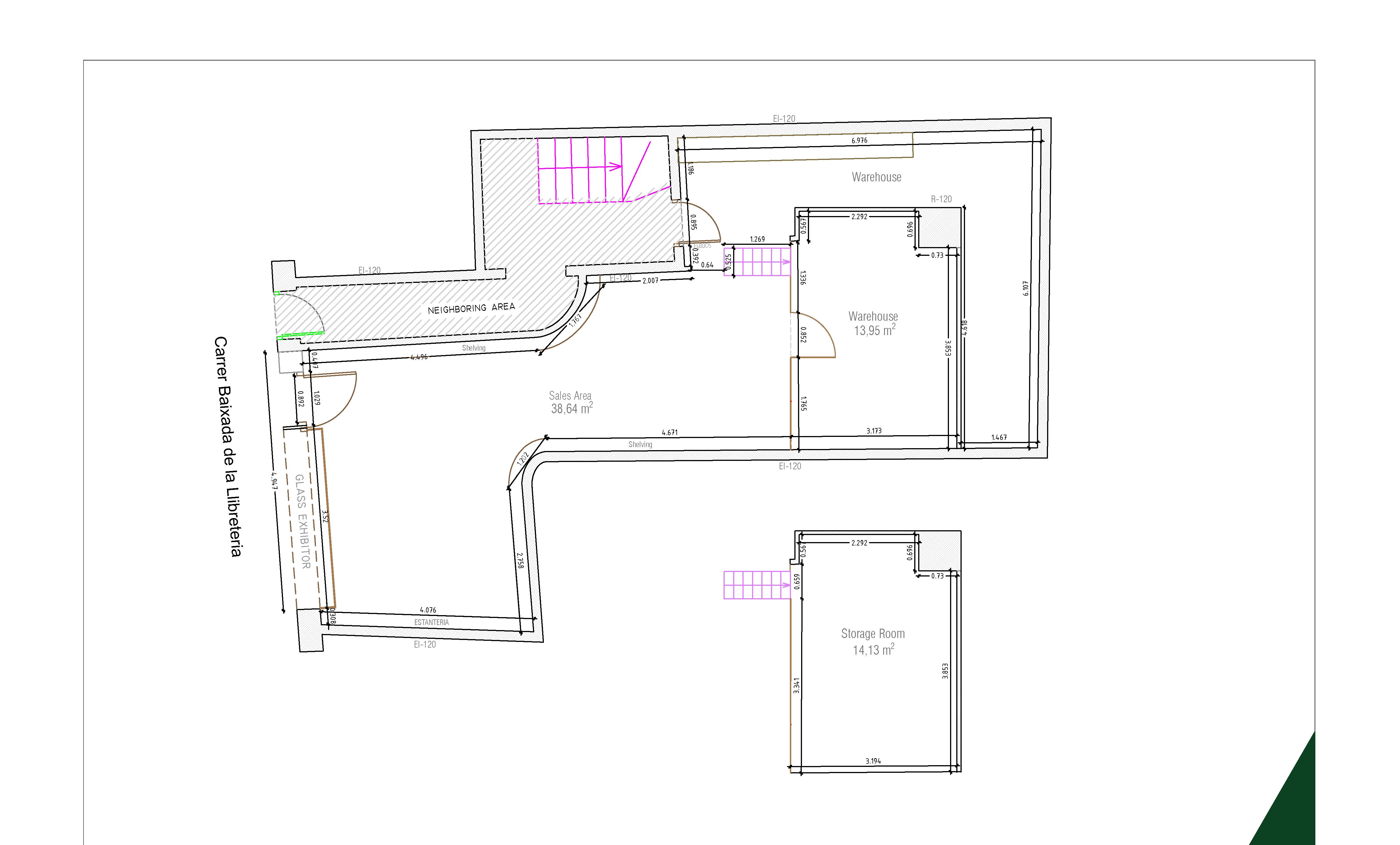 Floor plan showing a sales area, warehouse, and storage room with dimensions and a neighboring area on Carrer de la Llibreteria.