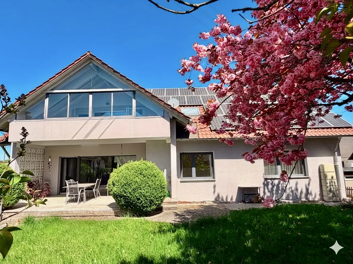 Backyard view of a two-story house with a glass-walled upper level, patio, green lawn, and a blooming pink cherry tree.