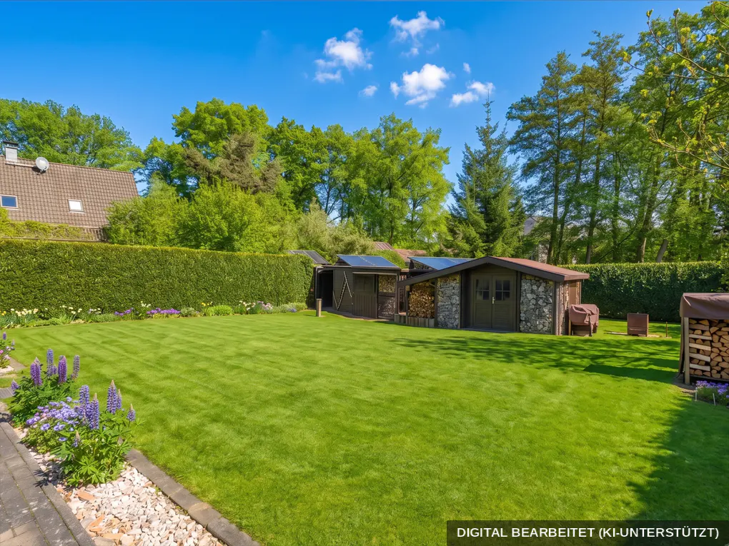 A lush green lawn with a wooden shed and stacked firewood under a sunny blue sky.