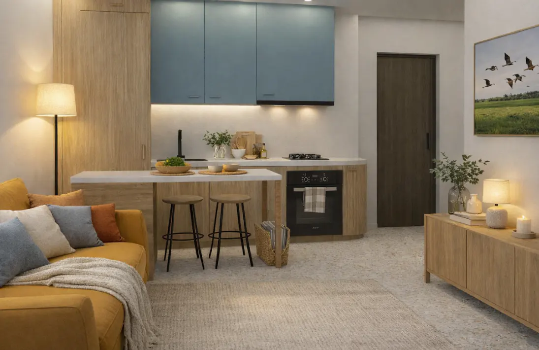 A modern apartment interior with a yellow sofa, blue cabinets, and a small kitchen area. A painting of birds hangs on the wall.