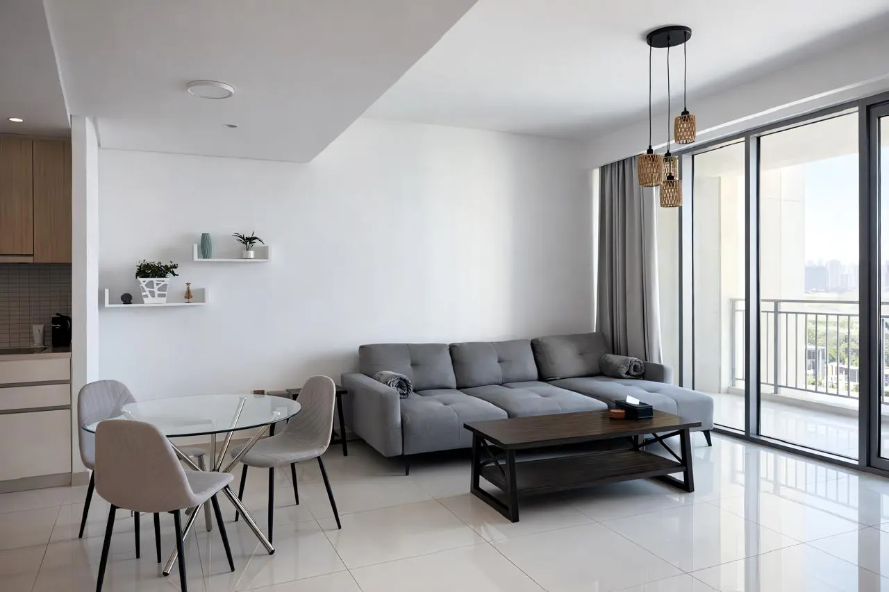 Bright living room with gray sectional sofa, dark wood coffee table, glass dining table, and balcony with city view.